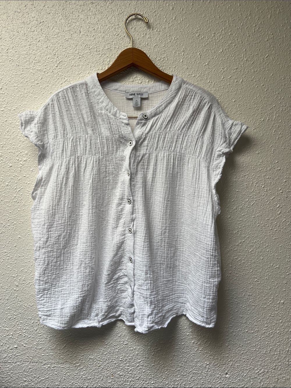 Nine West White Lightweight Button-Front Gauze Blouse 100% Cotton